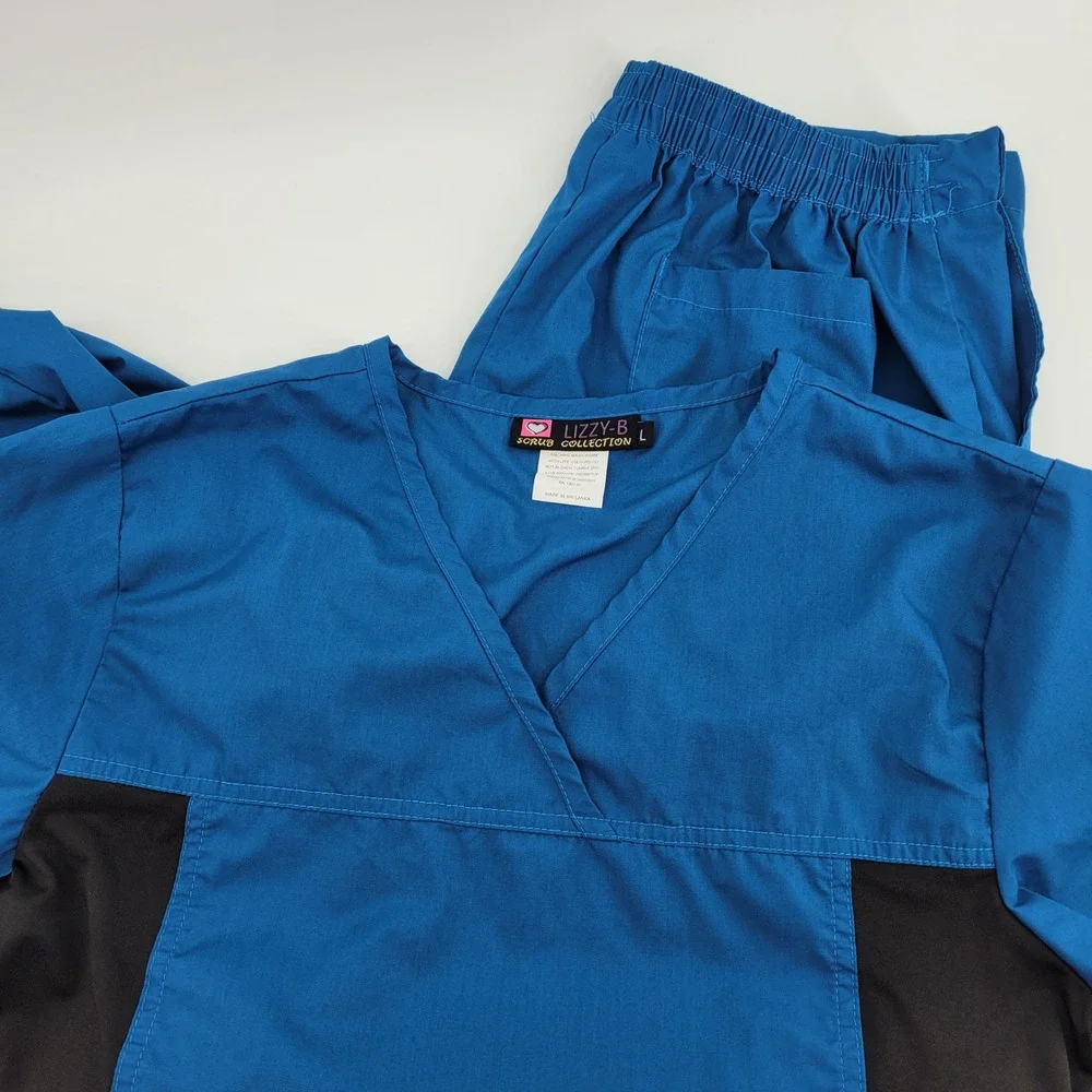 Lizzy-B Scrub Collection Womens L Blue Black V-Neck Top and Pants Set Medical